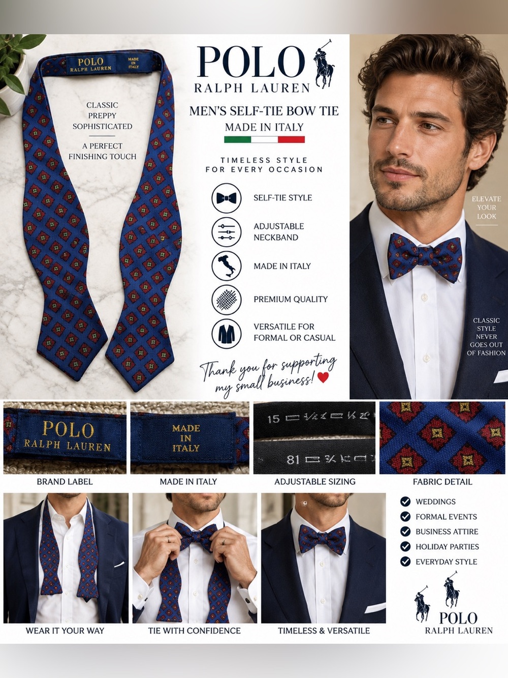 Polo Ralph Lauren Men’s Self-Tie Bow Tie Blue Red Geometric Made in Italy
